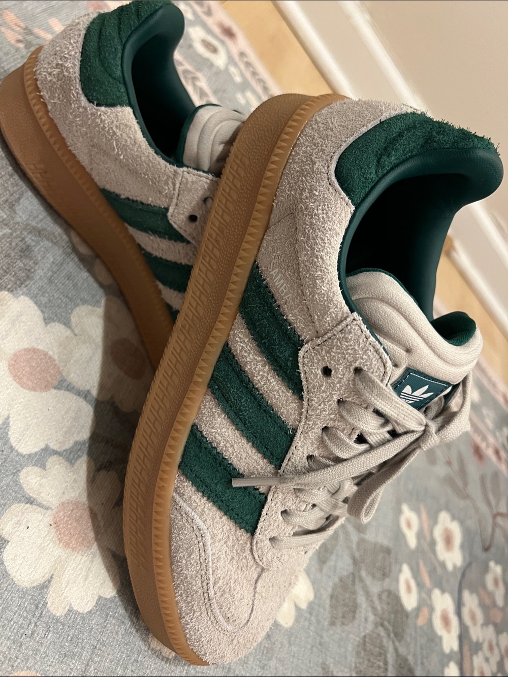 Adidas Samba XLG Beige Suede Sneakers with Green Stripes and Gum Sole